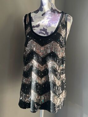 bebe Black and Silver Sequin Chevron Tank Top